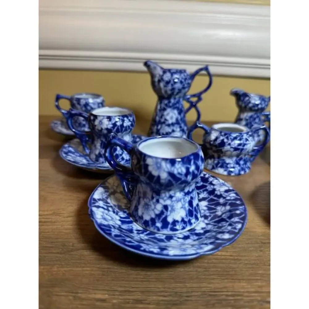Victoria Ware Stoneware Small‎ Tea Cups Saucers Sugar Creamer Cobalt Flue Floral